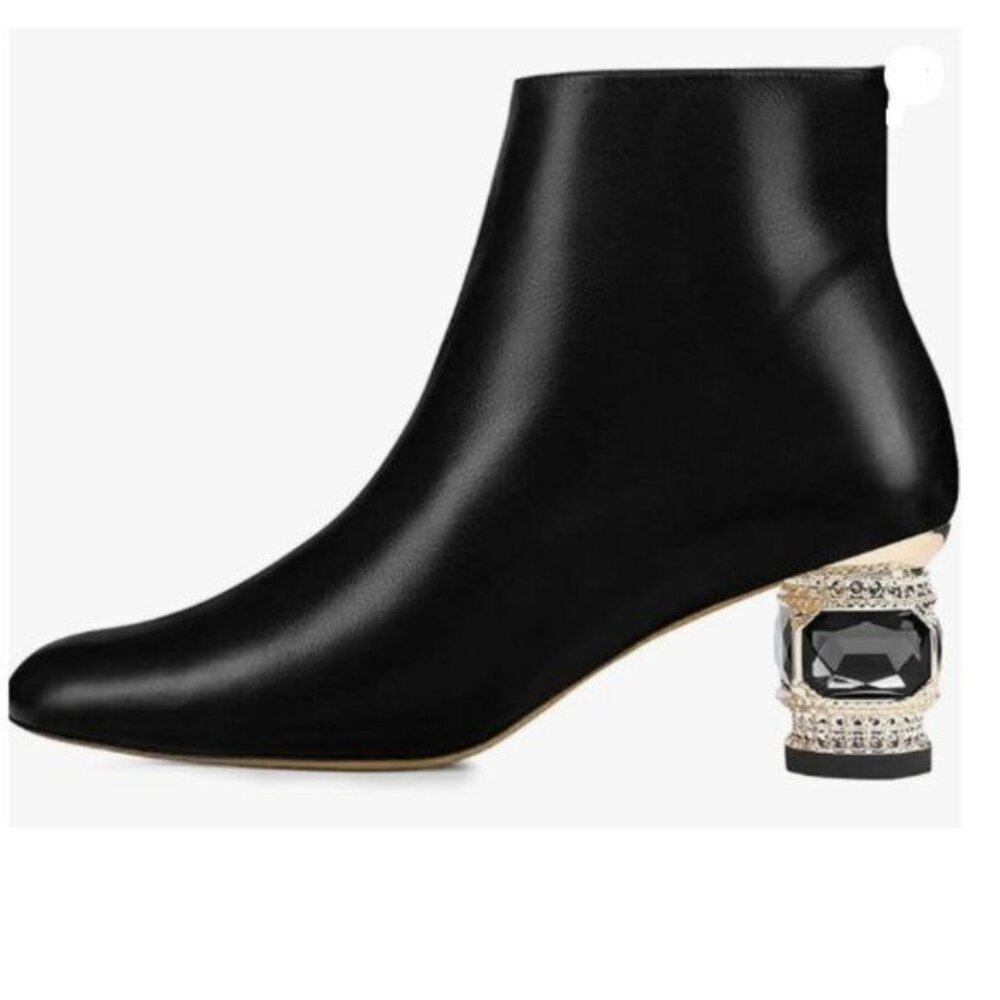 FSJ Black Round Toe Crystal Chunky Low Heel Ankle Boot Side Zipper Casual Shoes